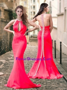 Exclusive High Neck Coral Red Latest Prom Dress with Brush Train