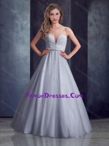 Latest See Through A Line Belted with Beading Sweet Prom Dress in Grey