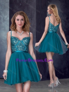 Perfect Spaghetti Straps Applique Short Latest Prom Dress in Turquoise