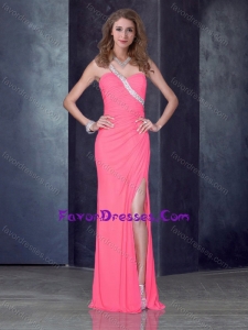 Romantic One Shoulder Pink Latest Prom Dress with High Slit and Beading