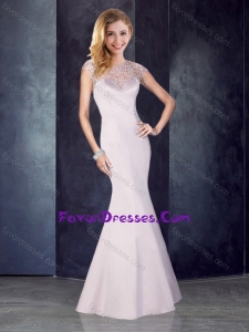 See Through Back Beaded Mermaid Champagne Latest Prom Dress in Satin