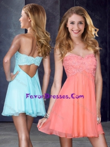 Simple Applique and Sequined Short Latest Prom Dress in Peach