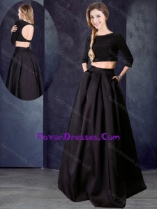 Two Piece Bateau Beaded Black Sweet Prom Dress with Three Fourths Length Sleeves