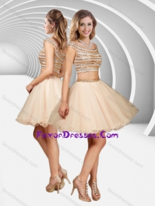 Two Piece Off the Shoulder A Line Sequined Sweet Prom Dress in Champagne