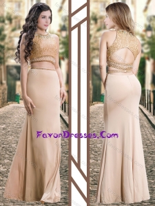 Two Piece Scoop Chiffon Champagne Latest Prom Dress with Beading