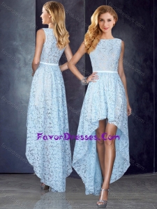 Bateau High Low Light Blue Pretty Prom Dress in Lace