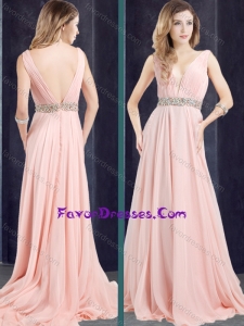 Cheap Chiffon Belted with Beading Latest Prom Dress with Deep V Neckline