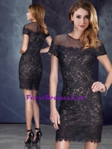 Elegant Column Scoop Short Sleeves Black Latest Prom Dress in Lace