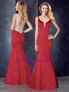 Mermaid Straps Satin Red Latest Prom Dress with See Through Back