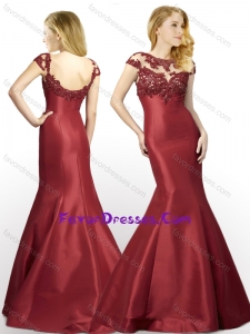 New Arrivals Applique Mermaid Brush Train Satin Latest Prom Dress in Wine Red