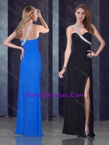 One Shoulder Black Pretty Prom Dress with High Slit and Beading