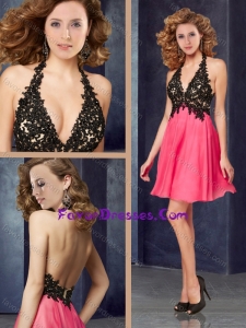Popular Halter Top Backless Laced Latest Prom Dress in Coral Red and Black