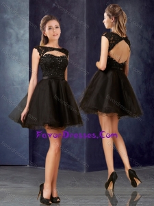 Pretty Open Back Bateau Black Latest Prom Dress with Lace and Belt