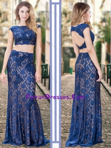 Two Piece Bateau Backless Royal Blue Pretty Prom Dress in Lace