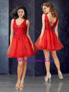 Beautiful Deep V Neckline Tulle Red Pretty Prom Dress with Lace