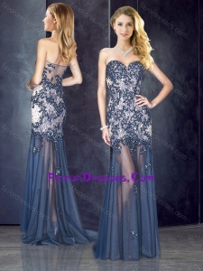 Column Navy Blue Pretty Prom Dress with Appliques and Beading