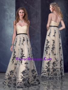 Custom Designed Empire Belted and Printed Pretty Prom Dress in Champagne