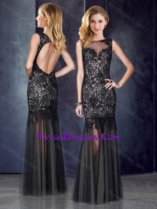 Custom Fit Column Bateau Laced Backless Black Pretty Prom Dress