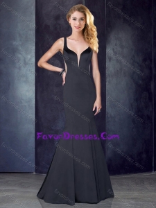 Mermaid Straps Satin Black Pretty Prom Dress with See Through Back