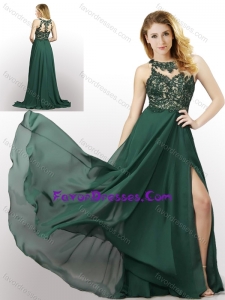 New Style Empire Chiffon Laced and High Slit Pretty Prom Dress in Dark Green