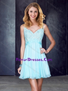 Simple Straps Backless Beaded and Applique Pretty Prom Dress in Light Blue