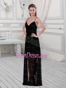 2015 Spaghetti Straps Column Black Bridesmaid Dress with Floor Length