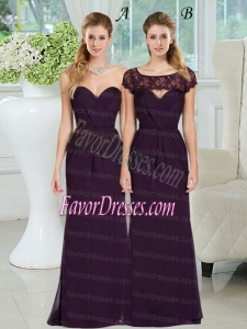 Column Ruching Floor Length 2015 Elegant Dark Purple Bridesmaid Dress