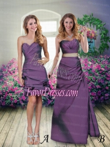 Eggplant Purple Sweetheart Taffeta Column Bridesmaid Dresses with Ruching
