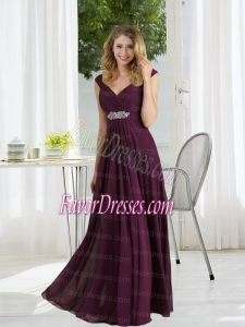 Empire 2015 Dark Purple Ruching Bridesmaid Dress with Cap Sleeves