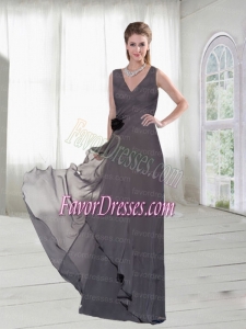 Grey V Neck Bridesmaid Dress with Hand Made Flowers at Low Price