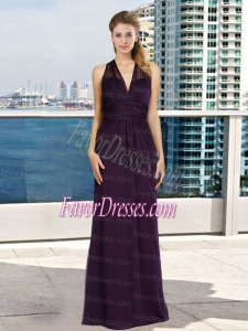 V Neck Empire Ruching Dark Purple Bridesmaid Dress with Floor Length