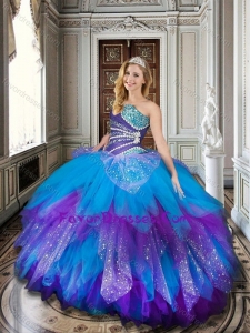 Baby Blue and Purple Sweet 16 Dress with Beading and Ruffles