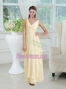 Empire V Neck Chiffon Bridesmaid Dress with Appliques and Ruching