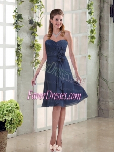 Navy Blue Ruching and Hand Made Flowers Sweetheart Bridesmaid Dresses