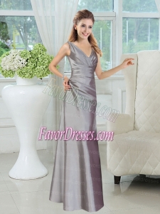 Silver V Neck Long Bridesmaid Dress for 2015 Wedding Party