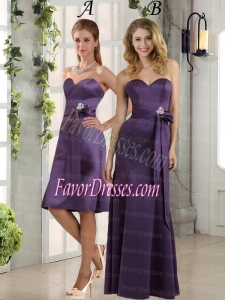 Eggplant Purple Sweetheart Column Dama Dresses with Belt