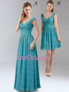 2015 Simple Turquoise Empire Dama Dress with V Neck