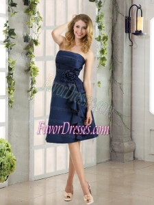 Navy Blue Ruching and Hand Made Flowers Strapless Dama Dresses