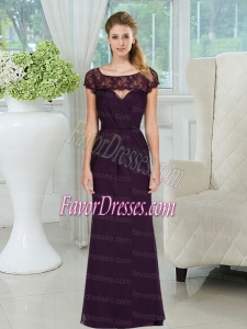 Dark Purple Bateau Ruching Lace Cap Sleeves Dama Dress for 2015