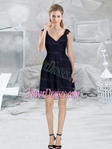 Lace Empire V Neck Cap Sleeves Navy Blue Dama Dress for 2015