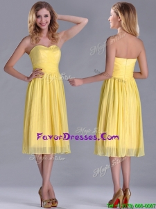 Discount Pleated Yellow Chiffon Prom Dress in Tea Length