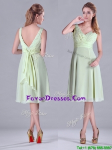 Lovely Tea Length Ruched and Belted Prom Dress in Yellow Green