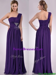 Discount Empire Beaded and Ruched Dark Purple Prom Dress with One Shoulder