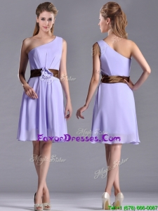 Exclusive One Shoulder Lavender Short Prom Dress with Brown Belt