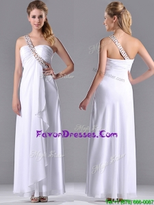 Fashionable Empire One Shoulder Chiffon Side Zipper White Prom Dress with Beading
