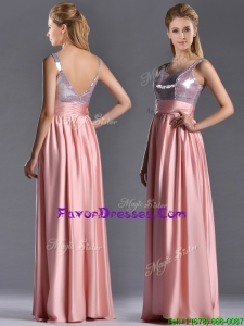 Lovely Empire Straps Zipper Up Peach Prom Dress with Sequins