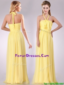 Lovely Halter Top Chiffon Ruched Long Prom Dress in Yellow