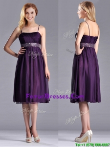 Modest Spaghetti Straps Beaded Chiffon Short Prom Dress in Purple