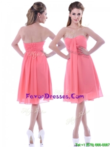 Popular Empire Chiffon Ruched Watermelon Prom Dress in Knee Length