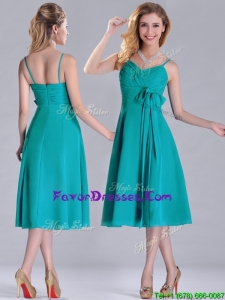Spaghetti Straps Ruched and Belted Turquoise Prom Dress in Tea Length